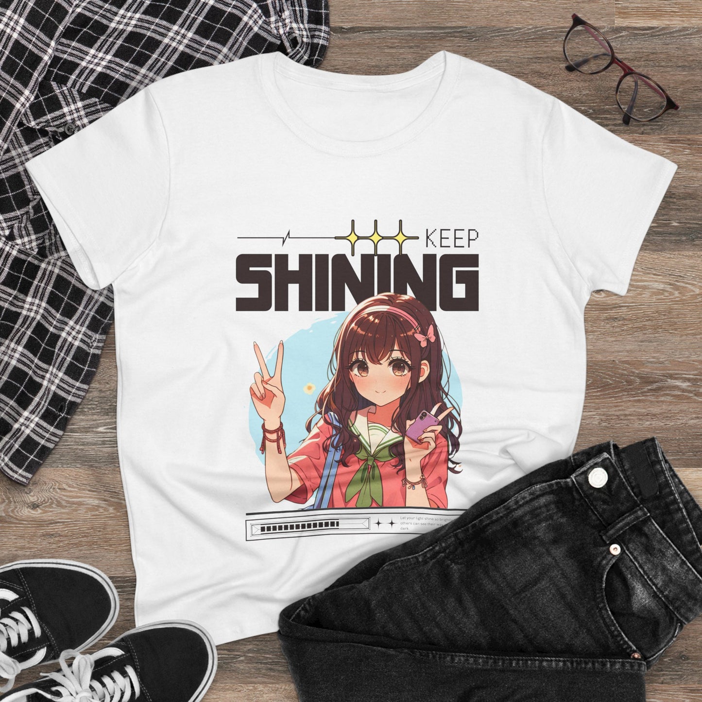 Keep Shining Anime Girl Graphic Tee — Cute Kawaii Peace Sign Shirt